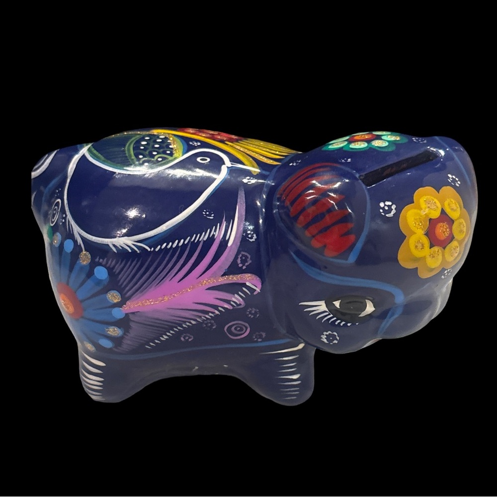 Vintage Mexican Folk Art Hand Painted Floral Piggy Bank